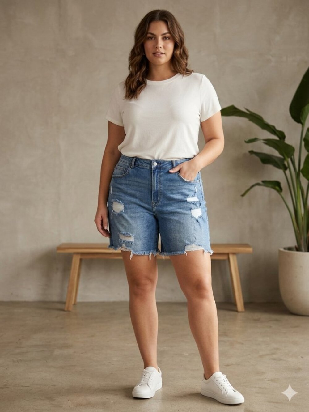Risen Jeans Distressed Denim Shorts Size 2XL Medium Wash Raw Hem High Rise Plus